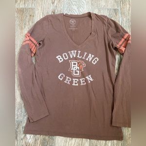 47 Bowling Green Women's Brown Long Sleeve V-Neck Tee with Orange Sleeve Stripes